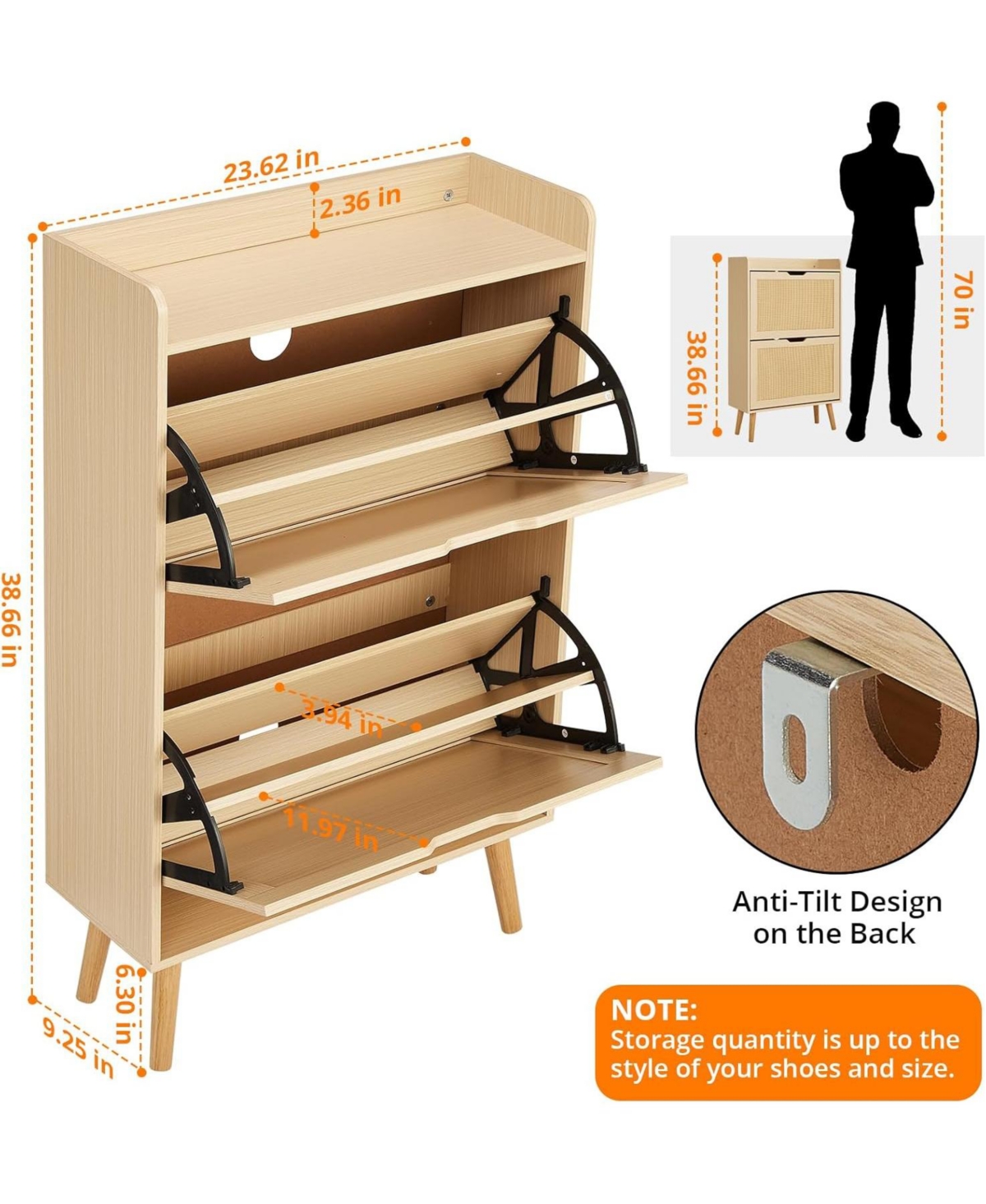 Gaomon Rattan Shoe Cabinet for Entryway, Holds 12-18 Pairs of Shoes, Anti-Tip Design for Closet