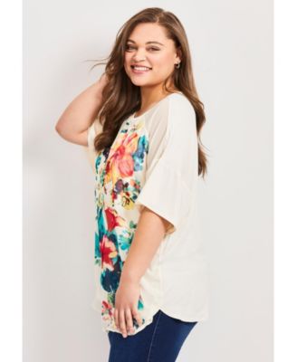 Women's Plus Size Mixed Media Floral Print Top