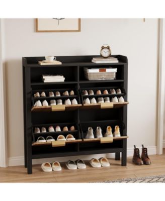 Shoe Cabinet with 4 Flip Drawers, Slim Fluted Freestanding Shoe Storage Organizer with Legs