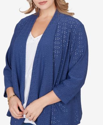 Plus Size Solid Eyelet Cascade Cardigan with 3/4 Sleeve
