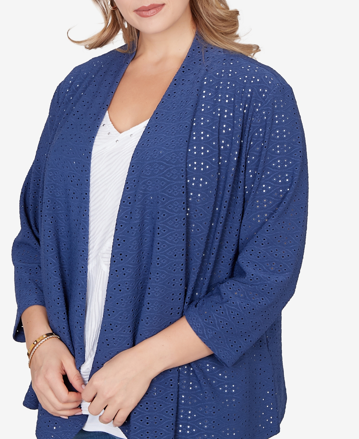 Hearts Of Palm Plus Solid Eyelet Cascade Cardigan with 3/4 Sleeve