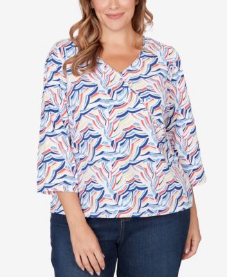 Plus Size Printed Jersey Surplice 3/4 Sleeve Top