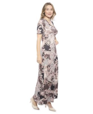 Women's Paisley Scoop Neck Elbow Sleeve A-Line Maxi Dress