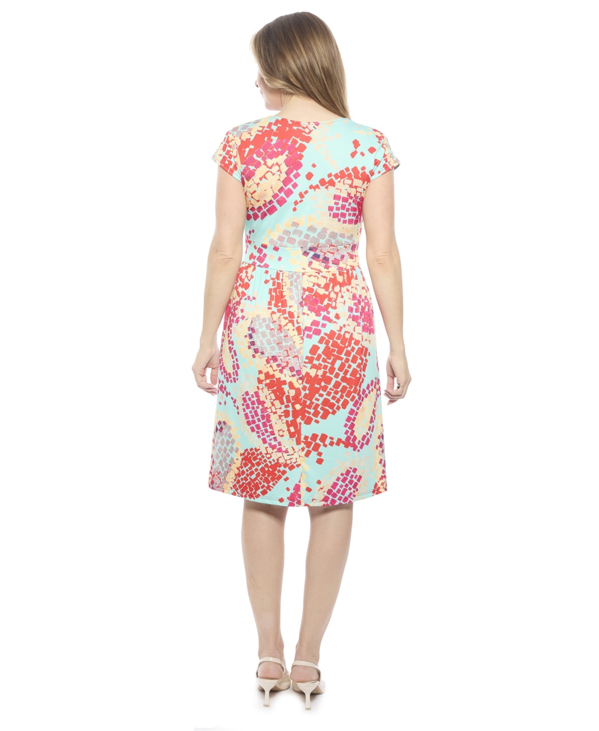 24seven Comfort Apparel Women's Abstract V-Neck Cap Sleeve Knee Length A-Line Pocket Dress