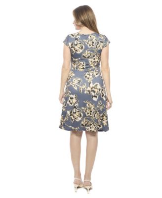Women's Floral V-Neck Cap Sleeve Ruched Front Knee Length Dress