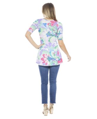 Women's Abstract V-Neck Elbow Sleeve Henley Tunic Top