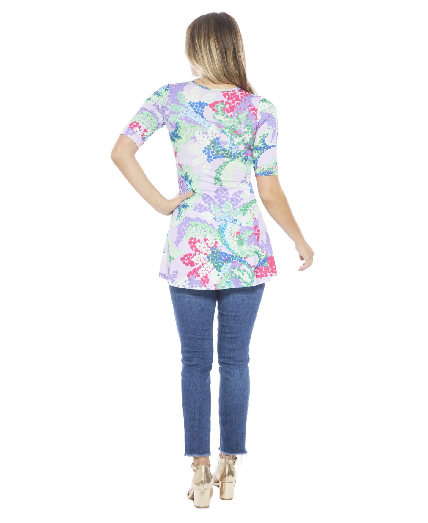 Женский топ 24seven Comfort Apparel Abstract V-Neck Elbow Sleeve Henley Tunic Top, цвет: С принтом — фото 3