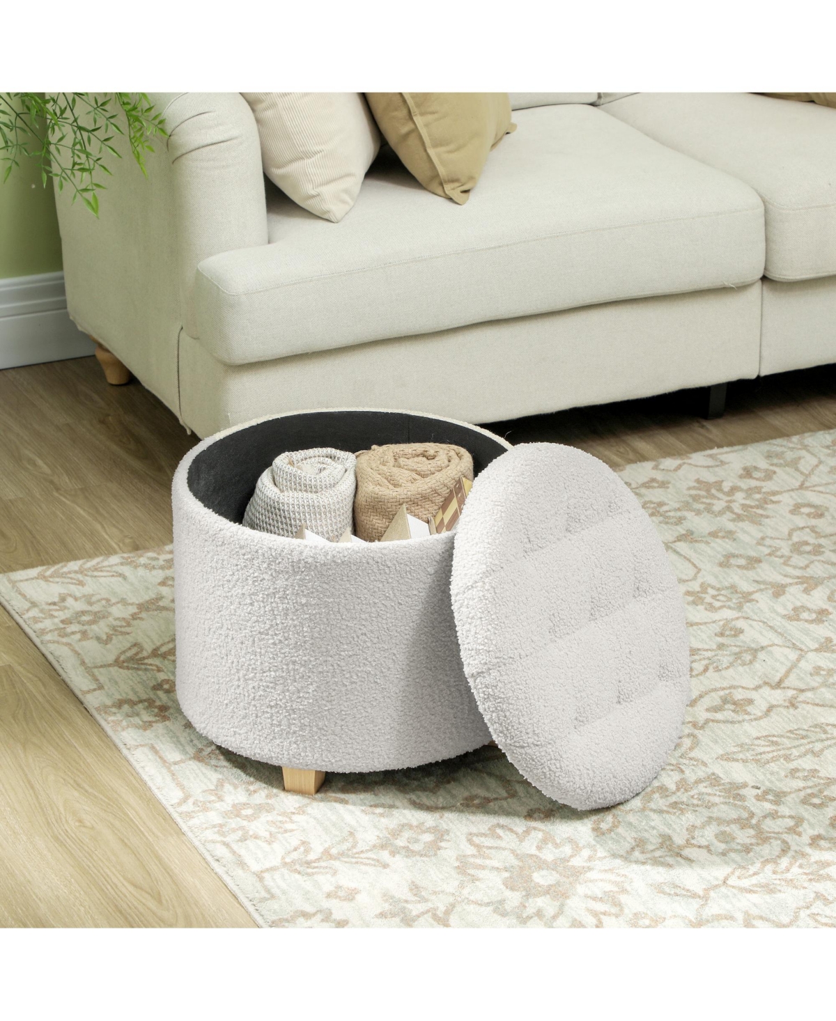 Homcom 18" Round Ottoman with Storage, Footstool with Lid, Wood Legs,