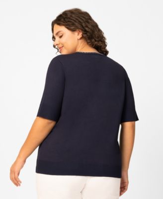 Plus Size Whip Stitch Elbow-Sleeve Knit Sweater