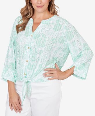 Plus Size Printed Eyelet Gauze Tie Front Top