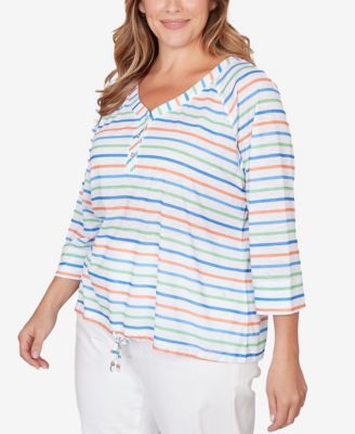 Plus Size Printed 3/4 Sleeve Henley Blouson Top