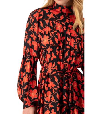 Women's Mini Dress with Red Floral Print and Drawstring Waist