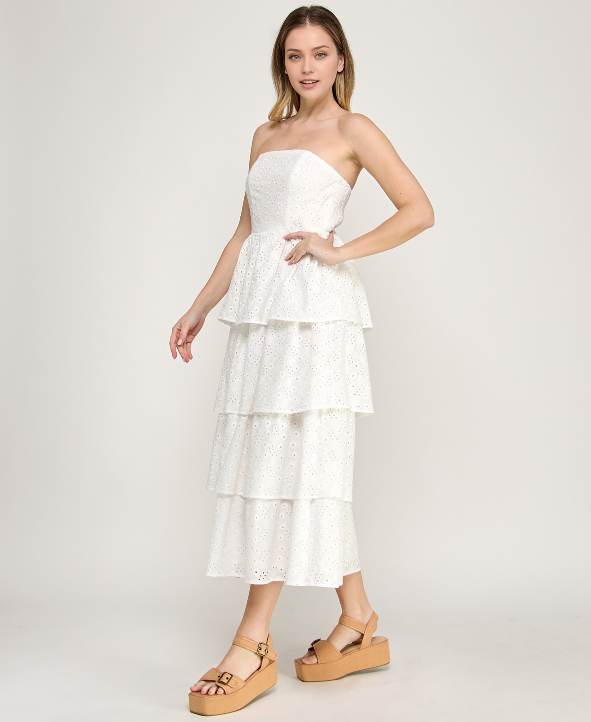 Beauty & Grace Women's Strapless Floral Eyelet Tiered Maxi Dress