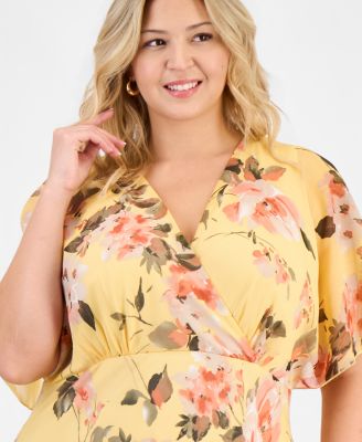 Plus Size Floral Chiffon Butterfly-Sleeve Dress