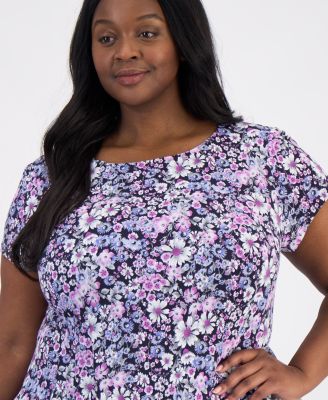 Plus Size Printed Pintuck Short-Sleeve Dress