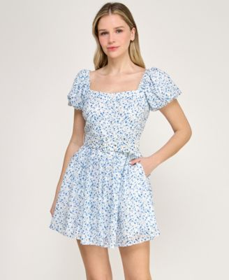 Juniors' Short Puff-Sleeve Drop Waist Dress
