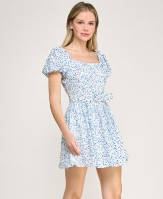 Juniors' Short Puff-Sleeve Drop Waist Dress