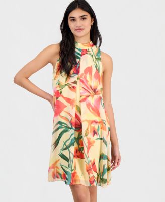 Petite Floral-Print Chiffon Trapeze Dress