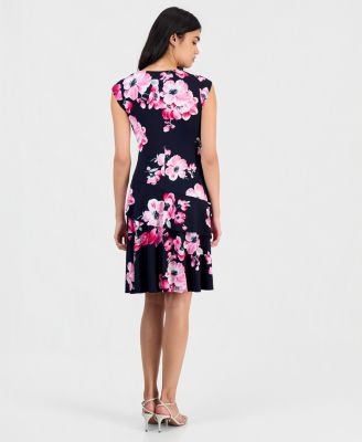 Petite Floral-Print Ruffle Cap-Sleeve Dress