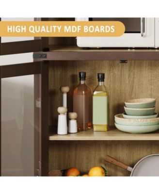 71.6" Arched Display Cabinet, 5-Tier Arched Bookcase with Glass Doors, Bookshelf, Kitchen Pantry, Modern Fluted Wooden Storage