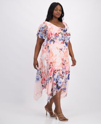Plus Size Flutter-Sleeve Handkerchief-Hem Midi Dress