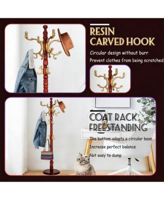 Wooden Coat Rack with Tree Design, 14 Hooks, Sturdy Base, Vintage Style