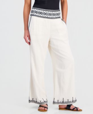Petite Embroidered-Trim Wide-Leg Pants