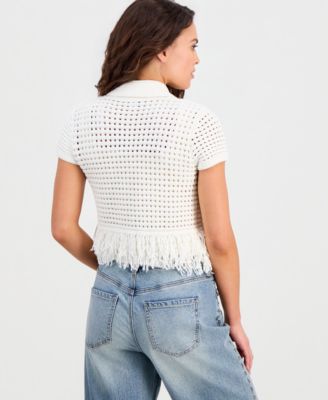 Petite Short-Sleeve Johnny-Collar Fringe Sweater