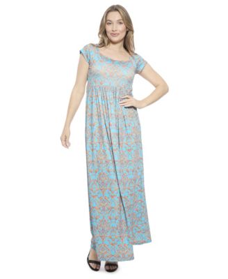 Women's Abstract Square Neck Cap Sleeve Pleated A-Line Maxi Dress