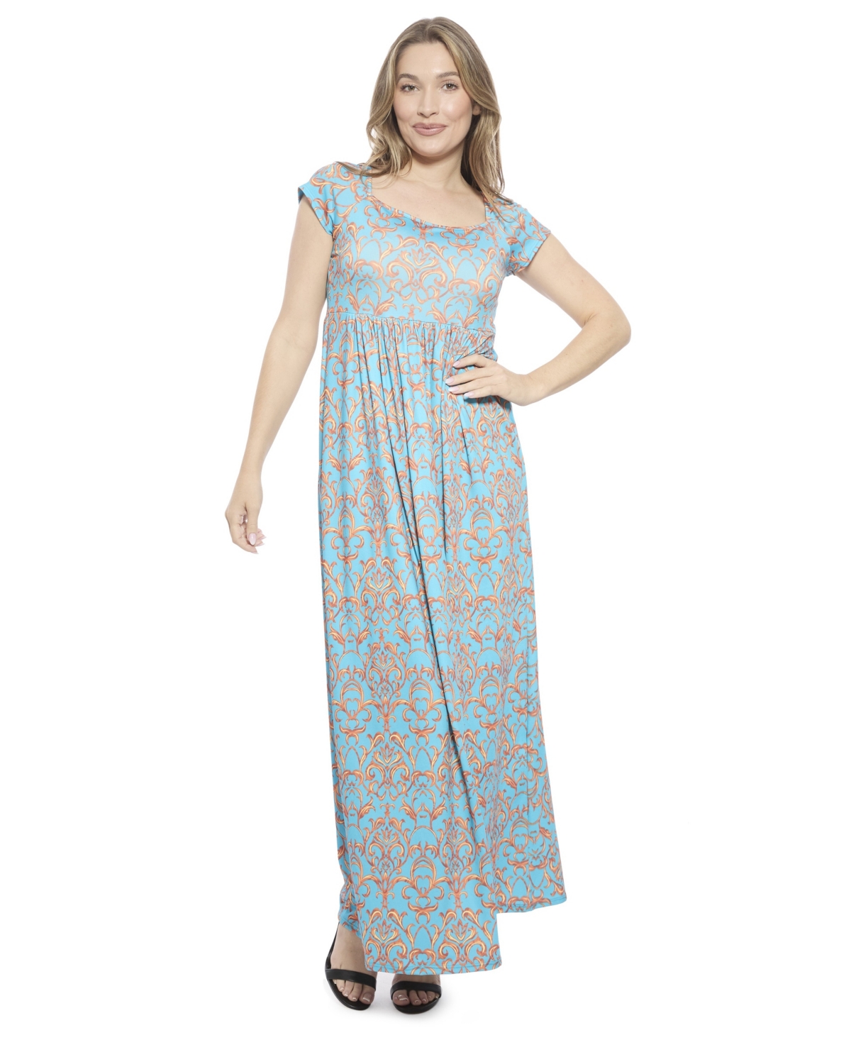 24seven Comfort Apparel Women's Abstract Square Neck Cap Sleeve Pleated A-Line Maxi Dress