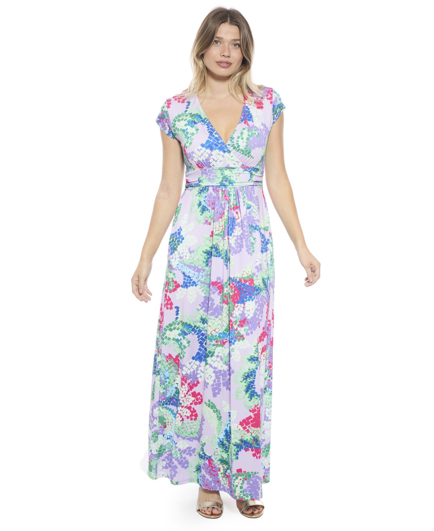 Женское платье 24seven Comfort Apparel Abstract V-Neck Cap-Sleeve Side Slit Pocket A-Line Maxi, цвет: С принтом — фото 1