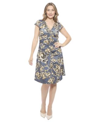 Women's Floral V-Neck Cap Sleeve Ruched Front Knee Length Dress