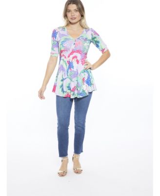 Women's Abstract V-Neck Elbow Sleeve Henley Tunic Top