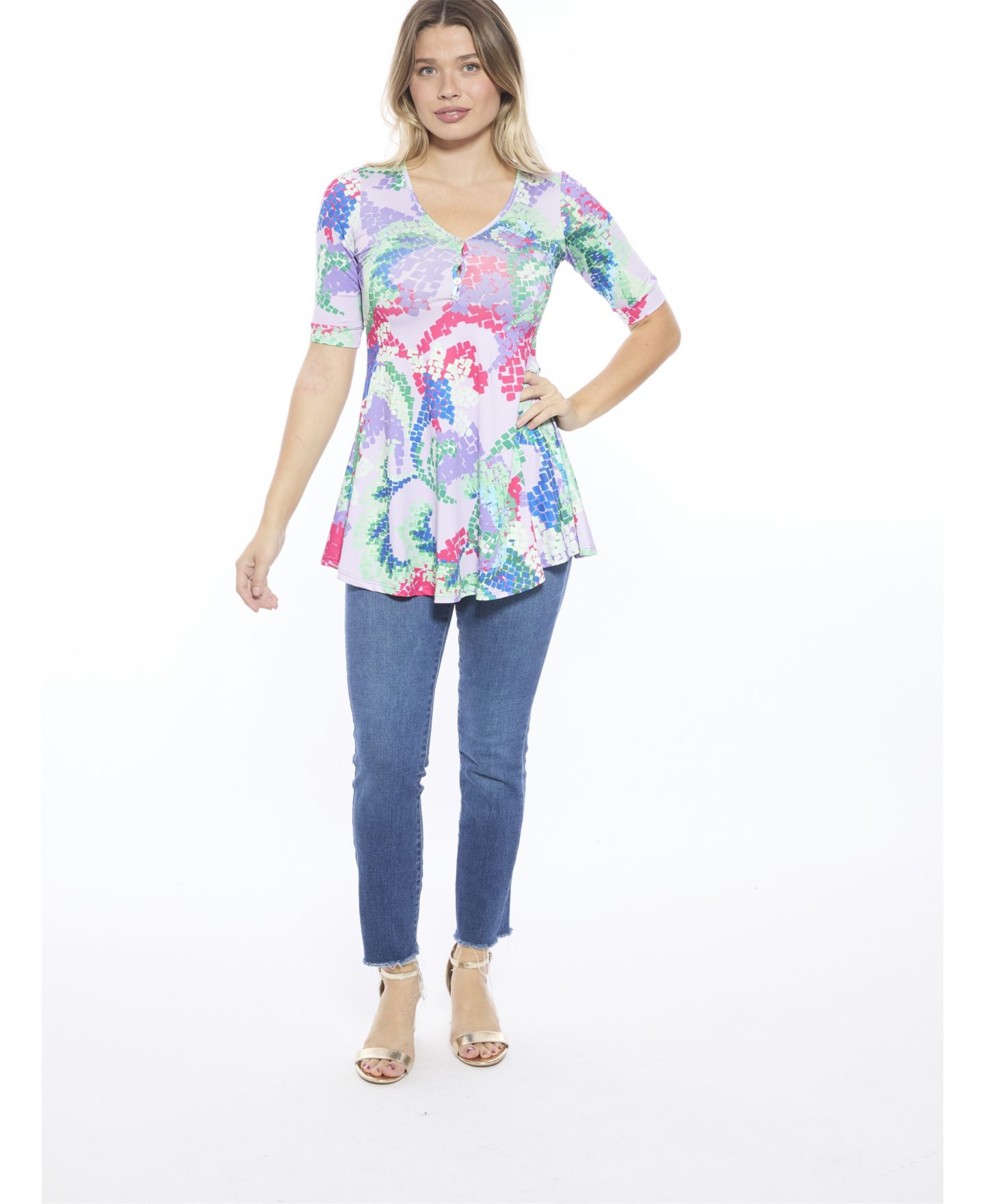 Женский топ 24seven Comfort Apparel Abstract V-Neck Elbow Sleeve Henley Tunic Top, цвет: С принтом — фото 1