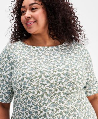 Plus Size Boat-Neck Elbow Sleeve Cotton Top