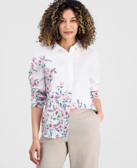 Petite Linen Shannons Garden Shirt - White Garden