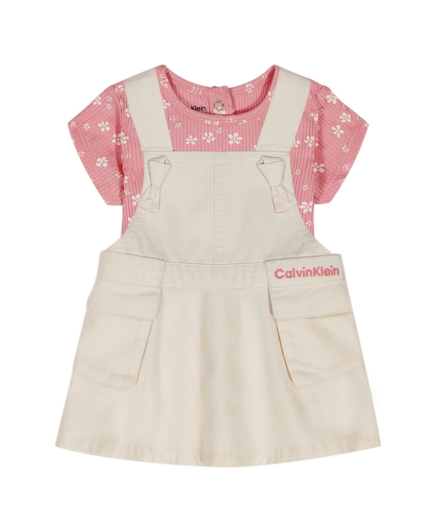Комплект Calvin Klein Ribbed Printed Bodysuit & Denim Overall, 2-Piece Set для девочек-малышей, цвет: Кремовый / Розовый — фото 6