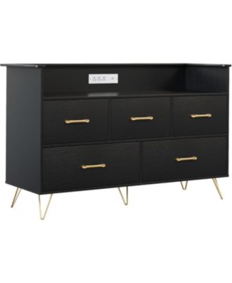 5 Drawer Dresser for Bedroom, 47 in Modern Wooden Dresser with LED Lights Charging Station, Wide Chest of Drawers Storage Organizer for Nursery