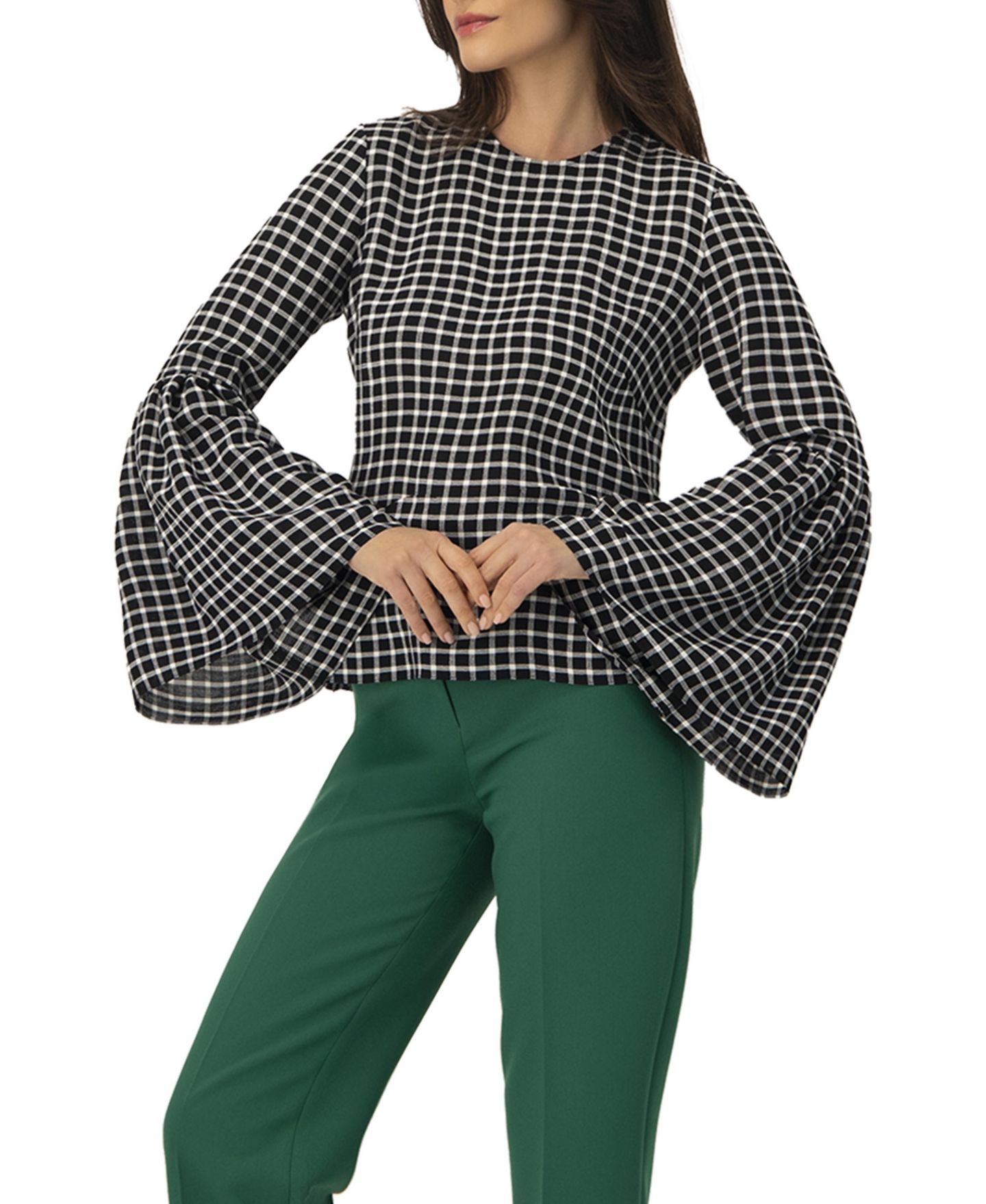 Женская блузка Ivonne Check with Puffed Sleeves, цвет: Чёрный — фото 2
