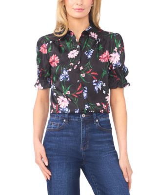 Women's Puff Sleeve Button Down Collared Top
