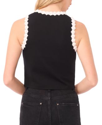 Women's Crochet Floral Trim Crewneck Top