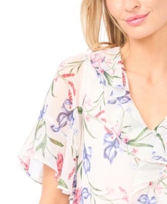 Women's Flutter Sleeve Ruffle Detail V-Neck Top