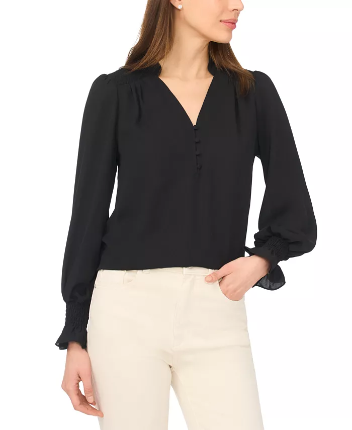 Women's Long-Sleeve V-Neck Smocked Top