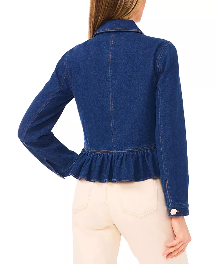 Women's Collared Neck Peplum Denim Jacket - thumbnail 4