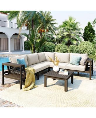4 Piece Outdoor Acacia Wood L Shaped Patio Sofa Set with Coffee Table Woven Mesh Armrests Beige Cushions for Garden Poolside