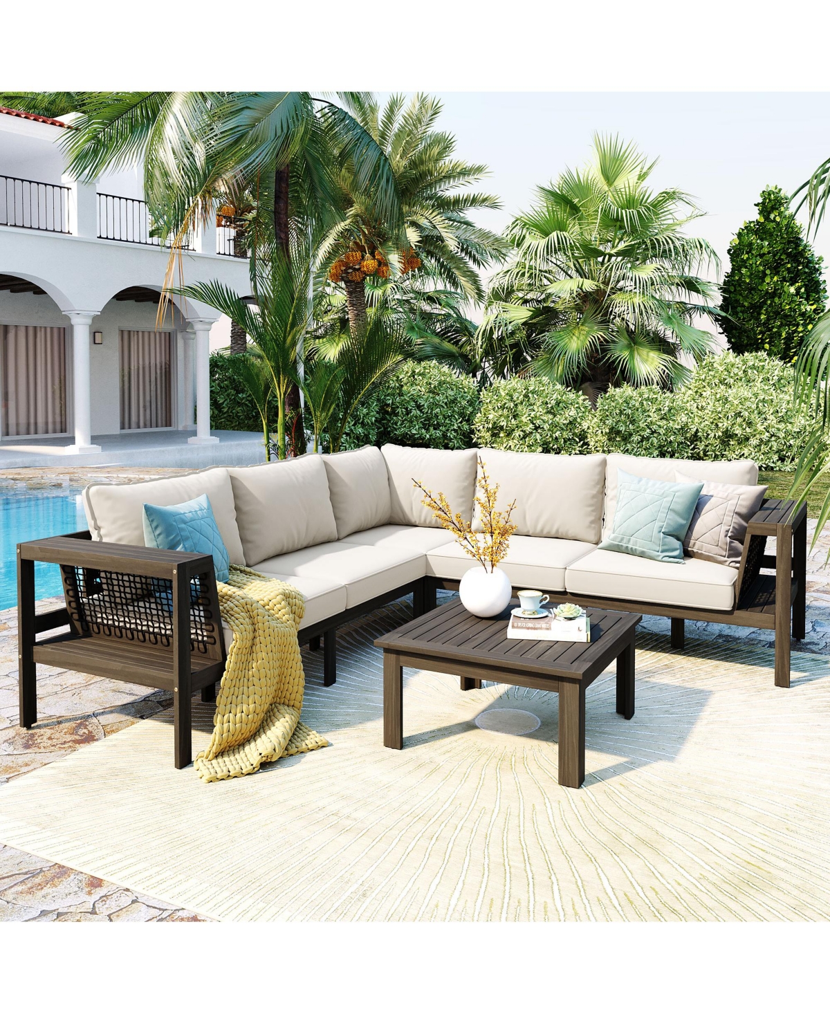 Flynama 4 Piece Outdoor Acacia Wood L Shaped Patio Sofa Set with Coffee Table Woven Mesh Armrests Beige Cushions for Garden Poolside