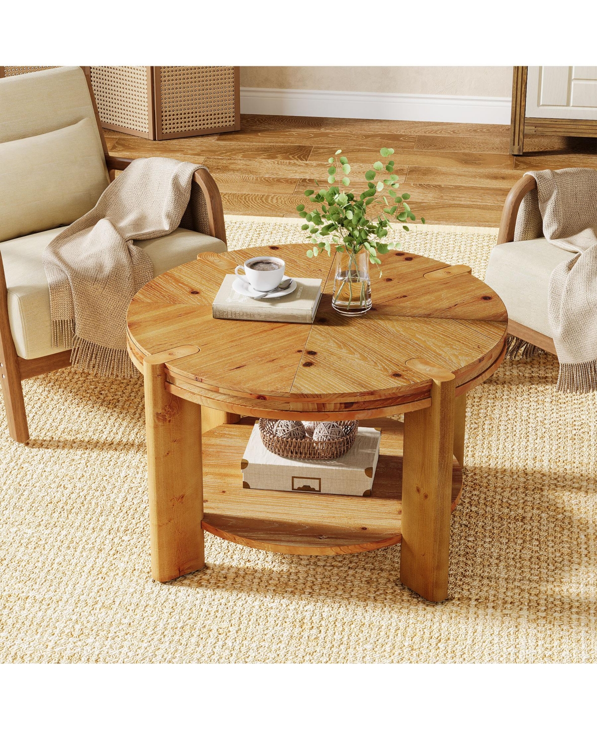 Tribesigns Round Solid Wood Coffee Table, 29.5" Farmhouse Circle Accent Center Tables, 2 Tiers Open-Style Storage Cocktail Tea Furniture