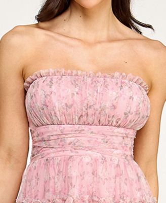 Juniors' Strapless Ruffle Neck Tiered Short Dress