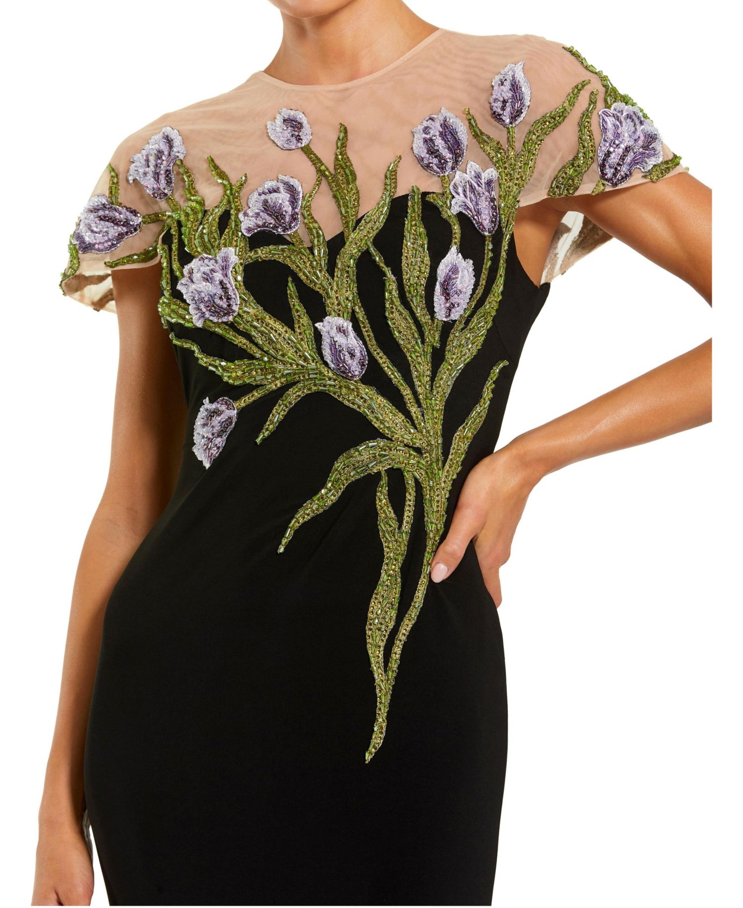 Petite Jersey Floral Embroidered Illusion Neck Gown