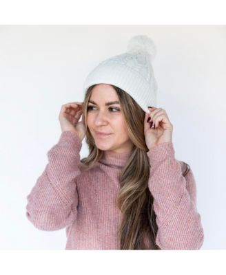 Women's Cable Knit Pom-Pom Beanie - Ivory